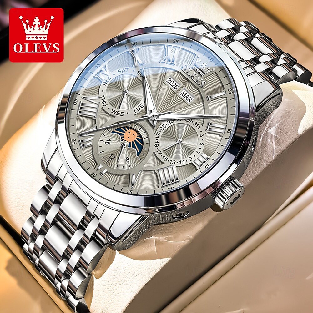 2026年 OLEVS 男性 機械式時計 クリエイティブ 贅沢 ファッション ビジネス スケルトン 自動巻き トゥールビヨン ムーンフェイズ表示 ステンレス レザー 腕時計  コレクション – $105.99 –P2