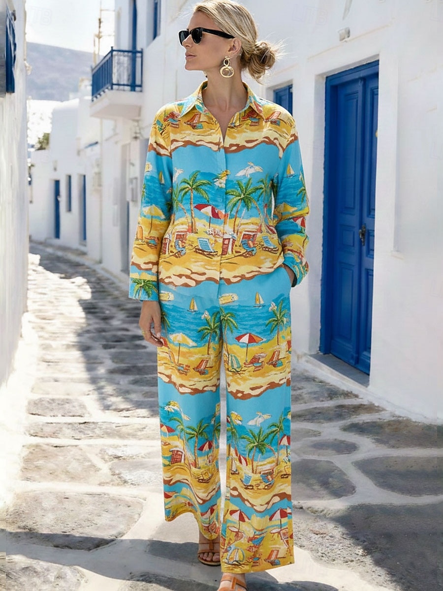 Dame Todelt sett Buksesett Bolero topp Langermet Skjortekrage Blomstret Grafisk Anlegg Trykt mønster Daglig Stilfull Avslappet Daglig Strand Blå Gul Rød Sommer Normal 2026 - $62.99 –P1