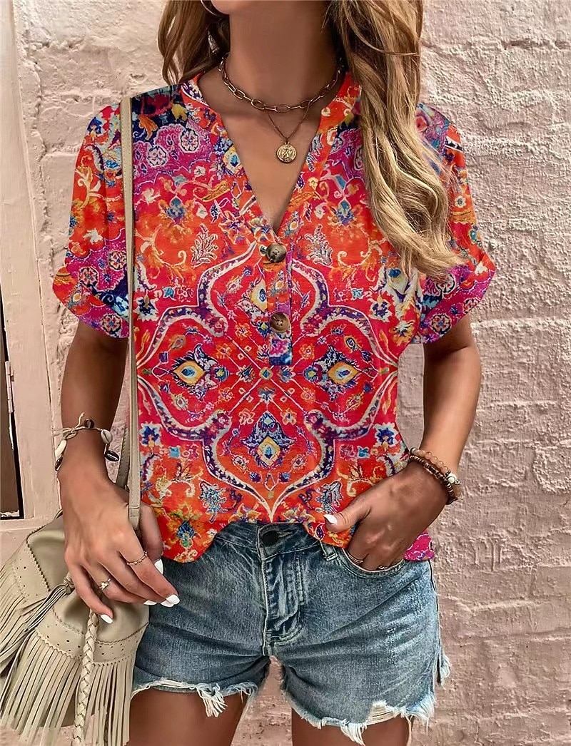 Women's T Shirt Tee Top Buttons Print Floral Graphic Bohemia Vintage Stylish Short Sleeve V Neck Long Tops Daily Going out Weekend Blue Wine Red Navy Blue Summer Spring 2026 - $21.99 –P4
