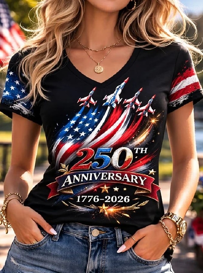 Unabhängigkeitstag Amerikanisches Jubiläum Patriotisches Frauen T-Shirt Druck Grafik Flagge Vintage Stilvoll Klassisch Kurzarm V-Ausschnitt Reguläre Oberteile Täglich Blau Schwarz Weiß Rot Sommer 2026 - $21.99 –P3