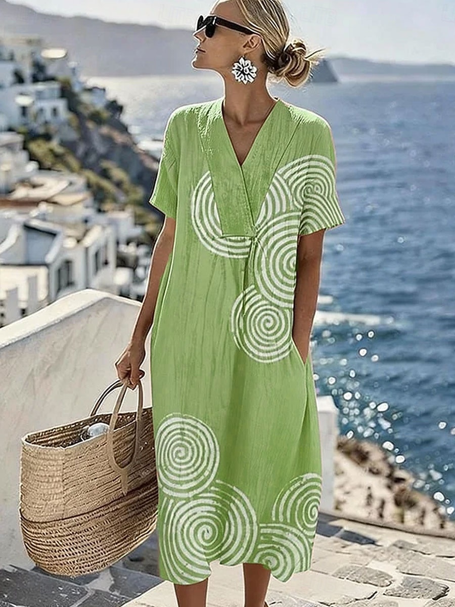Dame Midikjole Solkjole Kjole med A-linje Ferie Fritid Strandstil Strand Fest Løstsittende Grafisk Geometrisk Kortermet V-hals Blå Lilla Grønn Kakifarget Sommer Vår 2026 - $15.99 –P3