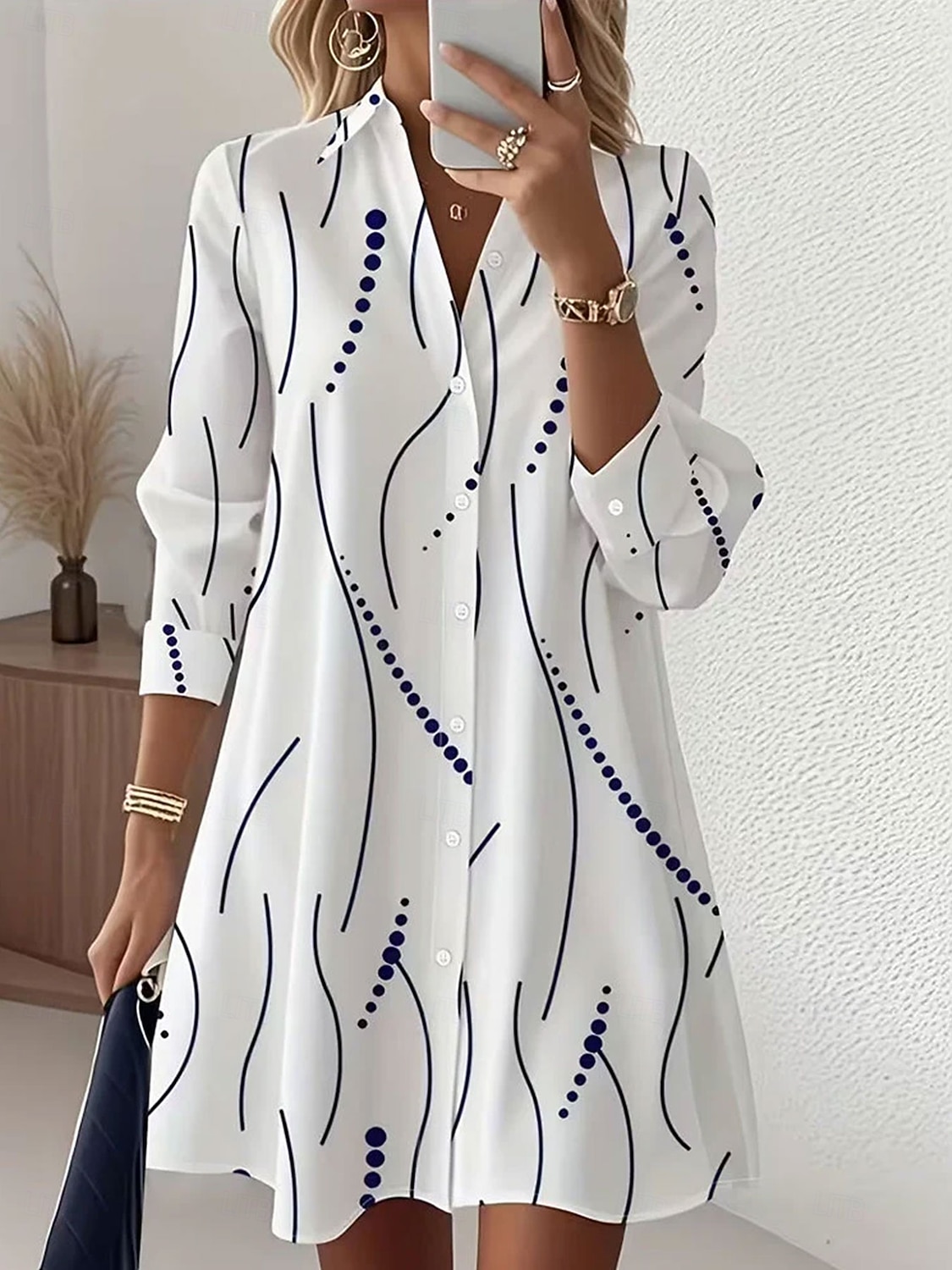 Pentru femei Rochii Lungime Genunchi Rochii Tip Cămașă Vacanță Gril pe Kamado Casual Plajă Fit regulat Grafic Buline Abstract Manșon Lung Rever Albastru piscină Alb Roz Îmbujorat Mov Vară Primăvară 2026 - $44.99 –P1