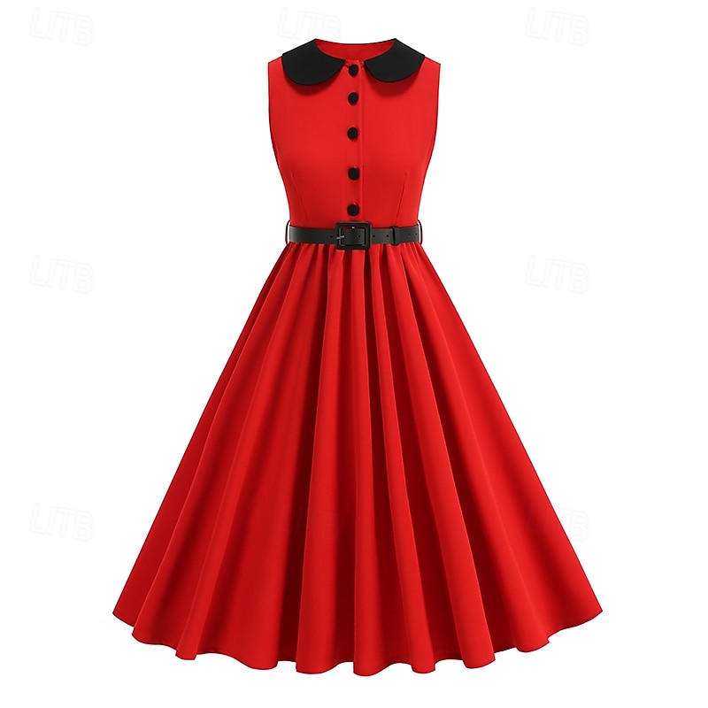 1950s Retro Vintage Knee Length Dress Swing Dress Flare Dress Normal Sleeveless High Waist Solid Color Fit & Flare Swing Turndown Fancy Dress Women's Event / Party Daily Wear Adults' Dress Belt 2026 - $50.99 –P10