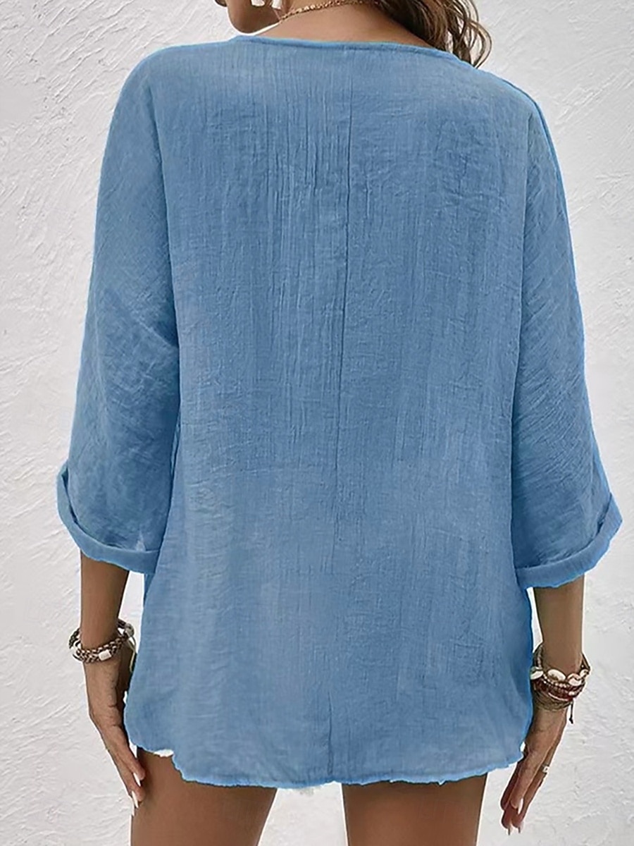 Per donna Camicia Blusa Arricciato Bottoni Semplice Elegante Vacanza Vintage Manica Lunga Scollo a V Top Regolari Quotidiano Ferie Uscire Blu Rosa Verde Cachi Estate Primavera del 2026 a $14.99 –P2