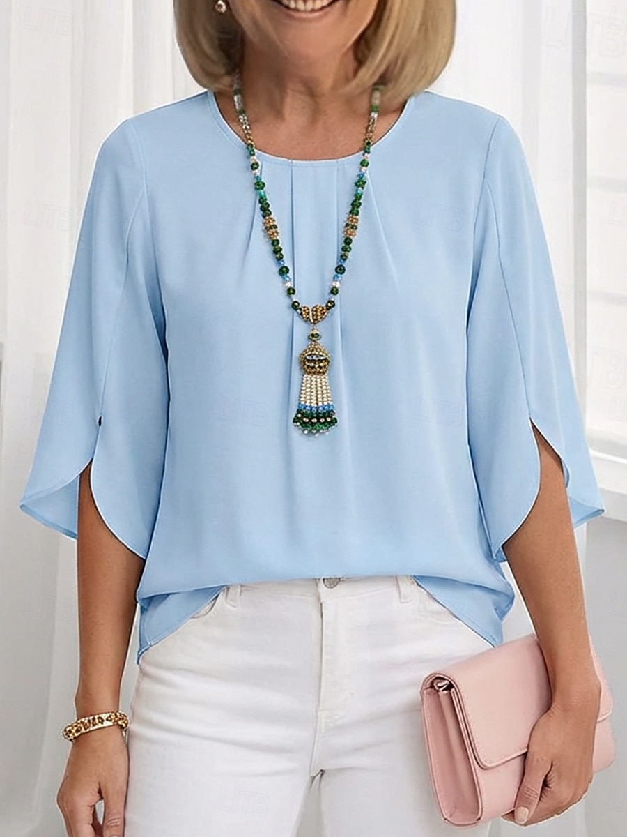 Dames Blouse Chiffon-topjes Met ruches Effen Actief Stijlvol Halve mouw Strakke ronde hals Normale tops Dagelijks Feestdagen Uitgaan Zwart Wit Lichtgroen Wijn Marineblauw Zomer Lente 2026 - $21.99 –P6