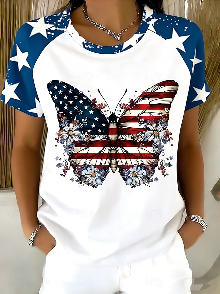 Jour de l'Indépendance Américaine Femmes T-shirt Imprimé Graphique Lettre Drapeau Américain ancien Élégant Classique Manche Courte Col ras du cou Hauts Réguliers Quotidien Bleu Blanche Rouge Ét de 2026 ? $21.99 –P3