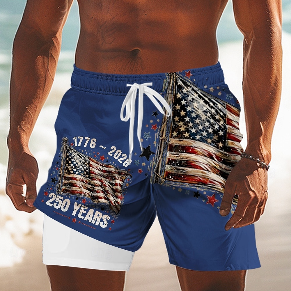 Herr 4 juli USA:s 250-årsjubileum USA: s flagga Fodrade shorts 2 i 1 simshorts Badshorts Medium Midja Patriotisk Helgdag Sidfickor Med kompressionsfoder Elastisk dragsko i midjan Designer Kläder 2026 - $22.99 –P1