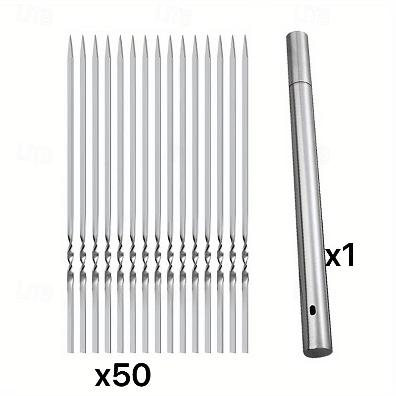 2026年 ステンレス製バーベキュー串51点セット（筒状の収納ラック付き）、再利用可能なグリル串、平型キャンプ用バーベキューフォーク、アウトドア調理器具、ピクニック用調理器具、バーベキューアクセサリー  コレクション – $19.99 –P2