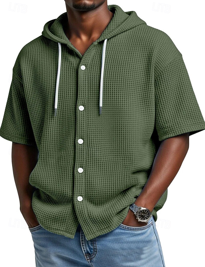 Voor heren Overhemd Wafel Shirt Normaal shirt Overhemd met knopen Wit Korte mouw Effen Kleur Effen Capuchon Casual Dagelijks Lapwerk Kleding Vakantie Modieus Casual 2026 - $30.99 –P4