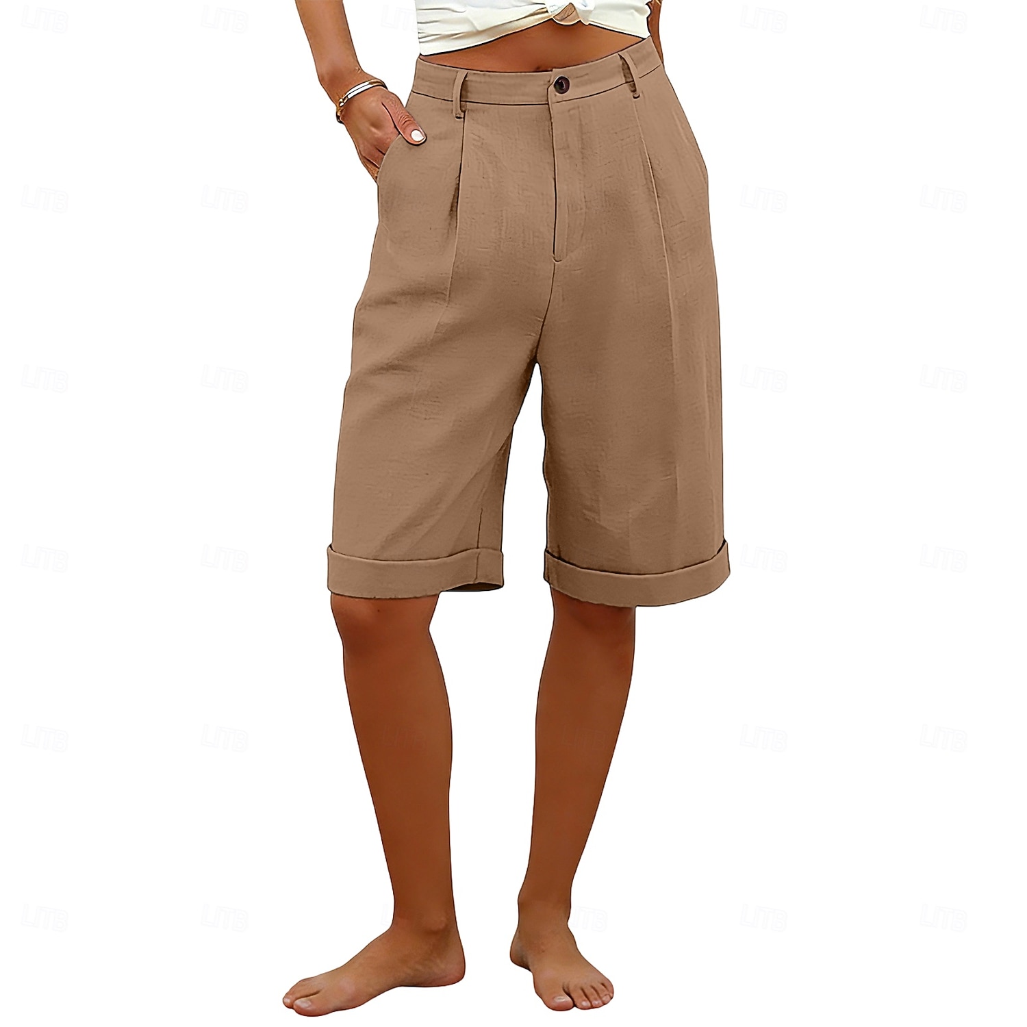 Dame Capri-bukser Shorts Lin Shorts Dress Shorts Ferie Mote Grunnleggende Knelengde Middels midje عادي Lomme Elastisk midje Rett ben Lettvekt Bekvem Pustende Uelastisk Daglig Gate Ferie Svart Hvit 2026 - $22.99 –P1