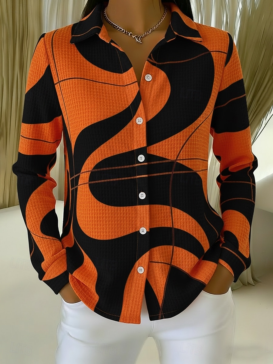 Pentru femei Cămașă Waffle Bluză Nasturi Imprimeu Geometric Vacanță Zilnic Casual Manșon Lung Guler Cămașă Topuri obișnuite Zilnic În aer liber Concediu Negru Roz Îmbujorat Roșu-aprins Portocaliu 2026 - $24.99 –P2