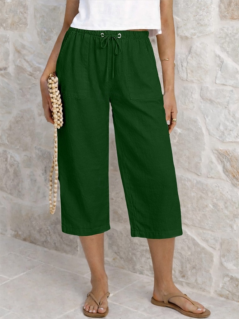 Dam Capribyxor Sommarshorts Beskurna byxor Capri byxor i linne Mode Grundläggande Vadlängd Medium Midja Slät Snörning Ficka Elastisk midja Lättvikt Andningsfunktion Oelastisk Semester Gata Dagliga 2026 - $22.99 –P14