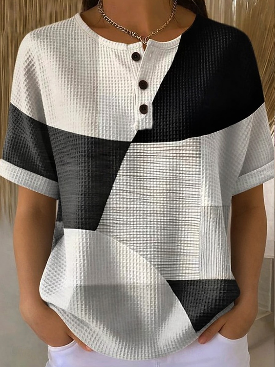 Γυναικείο Waffle T Shirt Χρώμα Μπλοκ Εκτύπωση Γραφικό Γεωμετρικό Αφηρημένο Vintage Κομψό Κλασικό Βραχύ Μανίκι Crew Neck Μακριά Μπλουζάκια Καθημερινά Μπλε Μαύρο Κίτρινο Ροζ Σκούρο Μπλε Καλοκαίρι Άνοιξη 2026 - $9.99 –P5