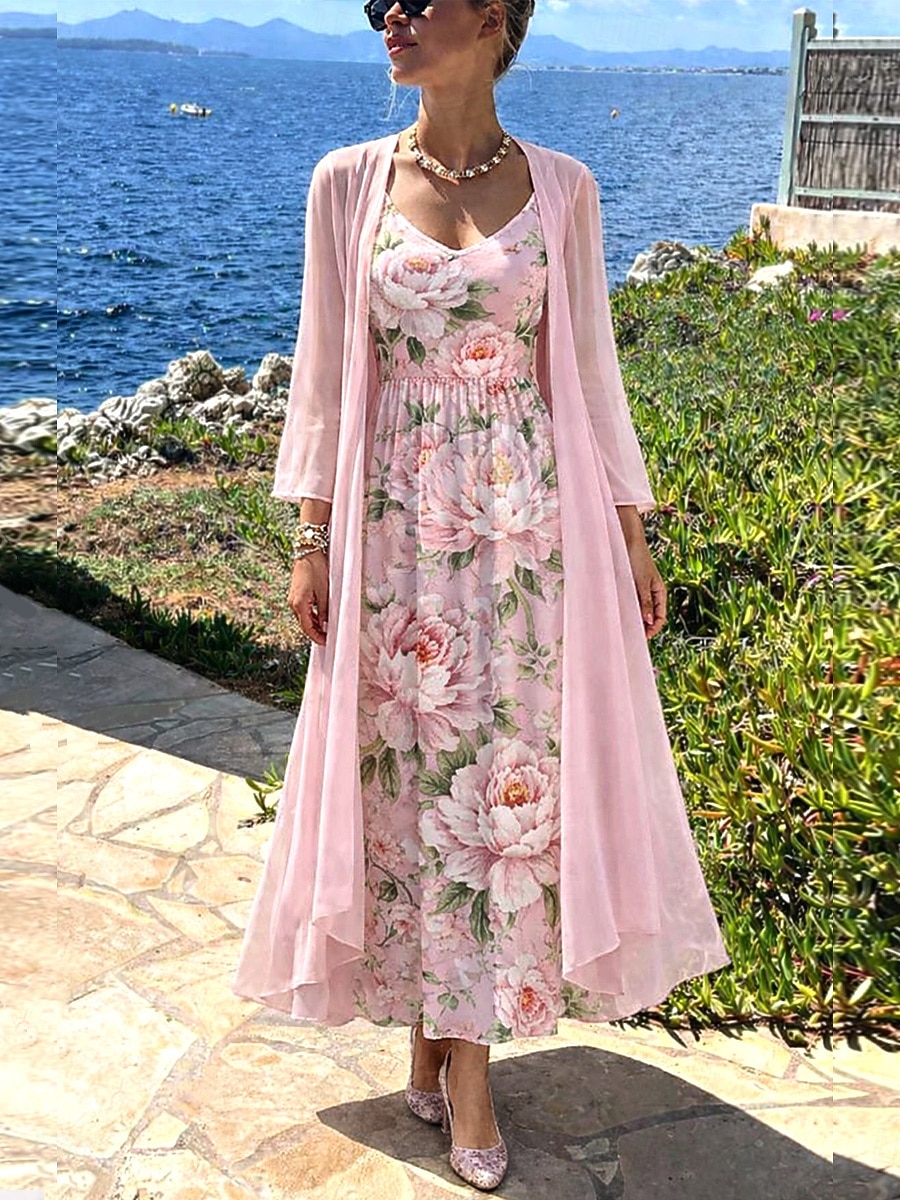 Femmes Robe Ensemble Robe trapèze Élégant Vacances Fleuri Graphique Superposé Imprimé Robe Midi Manche 3/4 Col en V Quotidien Vacances Bleu Vert Claire Rose Claire Été Printemps Coupe régulière de 2026 ? $51.99 –P1