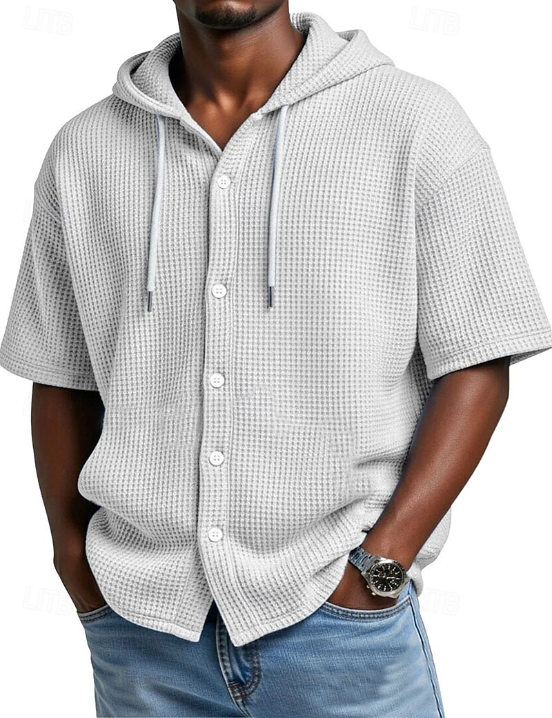Voor heren Overhemd Wafel Shirt Normaal shirt Overhemd met knopen Wit Korte mouw Effen Kleur Effen Capuchon Casual Dagelijks Lapwerk Kleding Vakantie Modieus Casual 2026 - $30.99 –P10