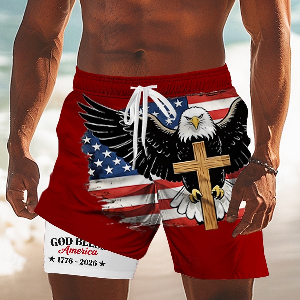 Herr 4 juli USA:s 250-årsjubileum Örn USA: s flagga Fodrade shorts 2 i 1 simshorts Badshorts Medium Midja Patriotisk Helgdag Sidfickor Med kompressionsfoder Elastisk dragsko i midjan Designer Kläder 2026 - $22.99 –P3