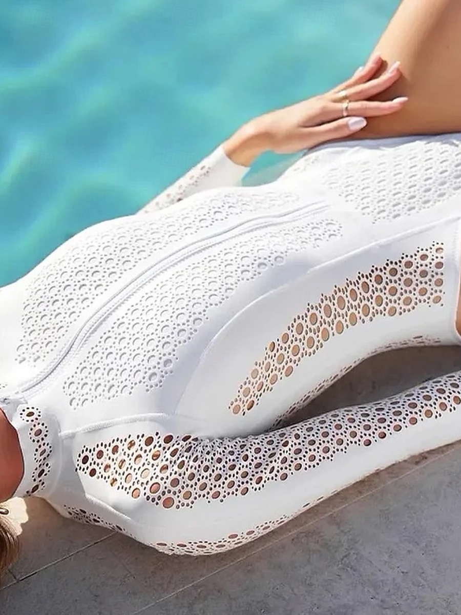 Damen Badeanzug Einteiler Bademode Patchwork Reißverschluss Urlaub Strandbekleidung Einfarbig Hoher Ausschnitt Langarm Badeanzüge 2026 - $48.99 –P14