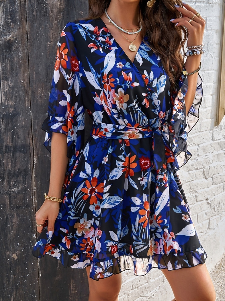 Women's Mini Dress Casual Dress Chiffon Dress Floral Dress Elegant Fashion Modern Outdoor Vacation Going out Regular Fit Floral Half Sleeve V Neck Black Pink Green Summer Spring 2026 - $41.99 –P1