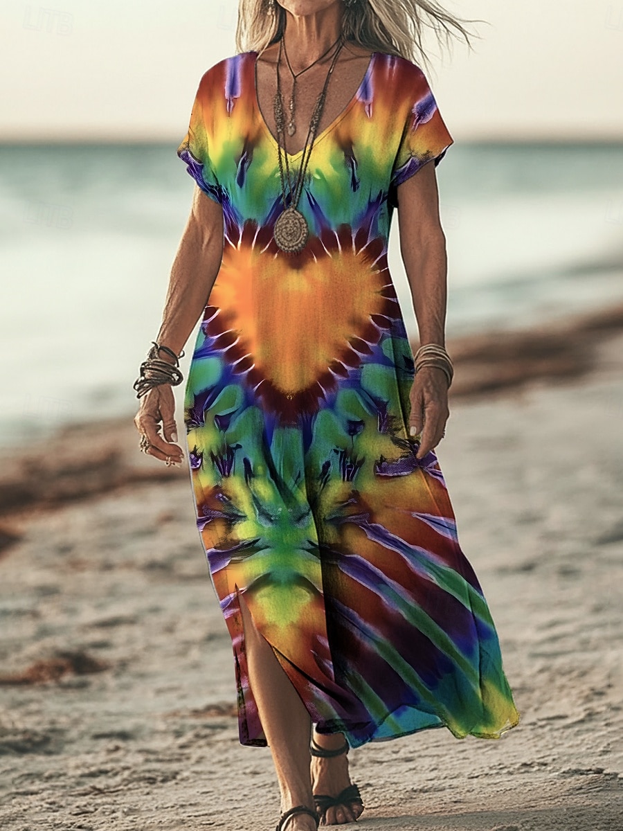 Per donna Abito maxi Abito Boho Vestito Casual Abito a trapezio Abito Stampato Vintage All'aperto Spiaggia Vacanza Vestibilità comoda Cuore Tinta a nodi Manica Corta Scollo a V Verde Estate Primavera del 2026 a $25.99 –P1