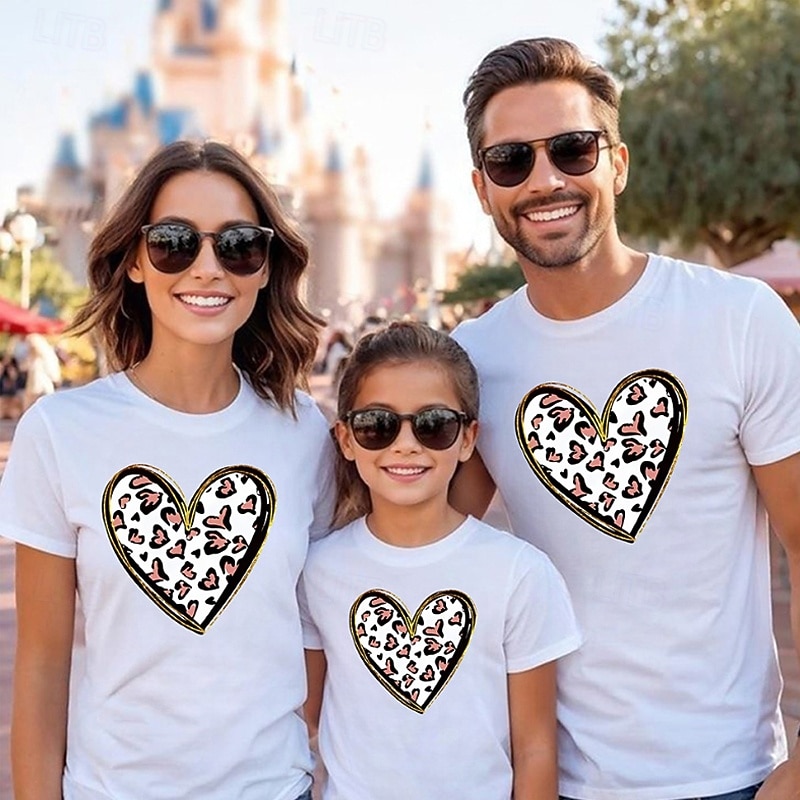 Family T shirt Tops Heart Casual Print White Pink Beige Short Sleeve Active Matching Outfits 2026 - $21.99 –P1