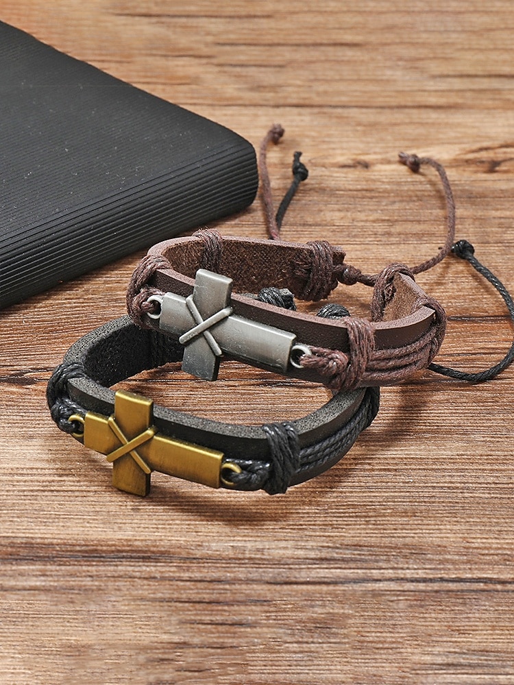 Herrarmband med bohemiskt kors i läder, äkta läder och legering, vintage-stil, justerbar längd, svart och brunt, perfekt för utomhusresor, vardagsbruk och fritidsbruk 2026 - $7.99 –P5