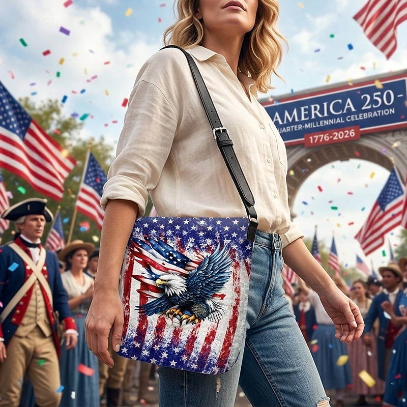 Sac bandoulière femme en polyester, bandoulière ajustable, imprimé audacieux d'aigle et de drapeau américain, parfait pour le 250e anniversaire des États-Unis, la fête de l'indépendance et au quotidien. de 2026 ? $19.99 –P1