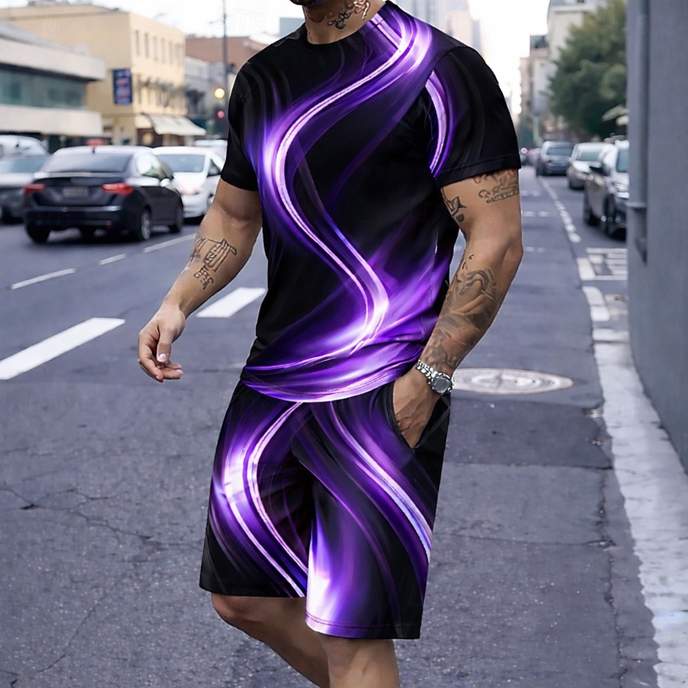 Herre Geometrisk Linje 2stk T-skjorter sett Sommertopper Kortermet Korte bukser Crew-hals Sport Fritid trendy Daglig Feriereise Ut på byen 3D-utskrift Sommer Blå Hvit Lilla 2026 - $28.99 –P4