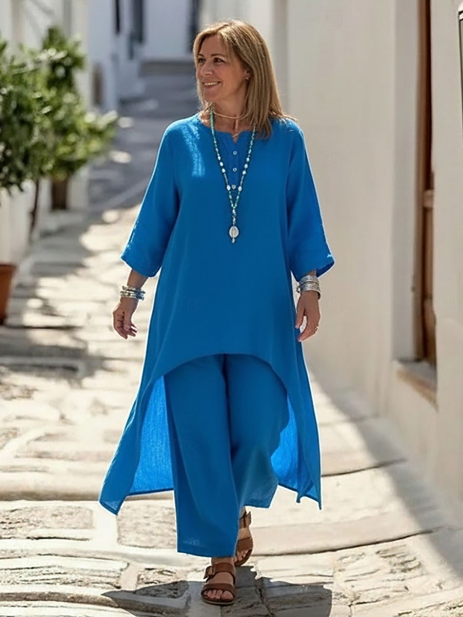 Dames Set met linnenlook Broeken Sets 3/4 mouw Strakke ronde hals Effen Met ruches Modieus Streetwear Casual Dagelijks Buiten blauw Zwart Wit Zomer Ruim Passend 2026 - $33.99 –P5