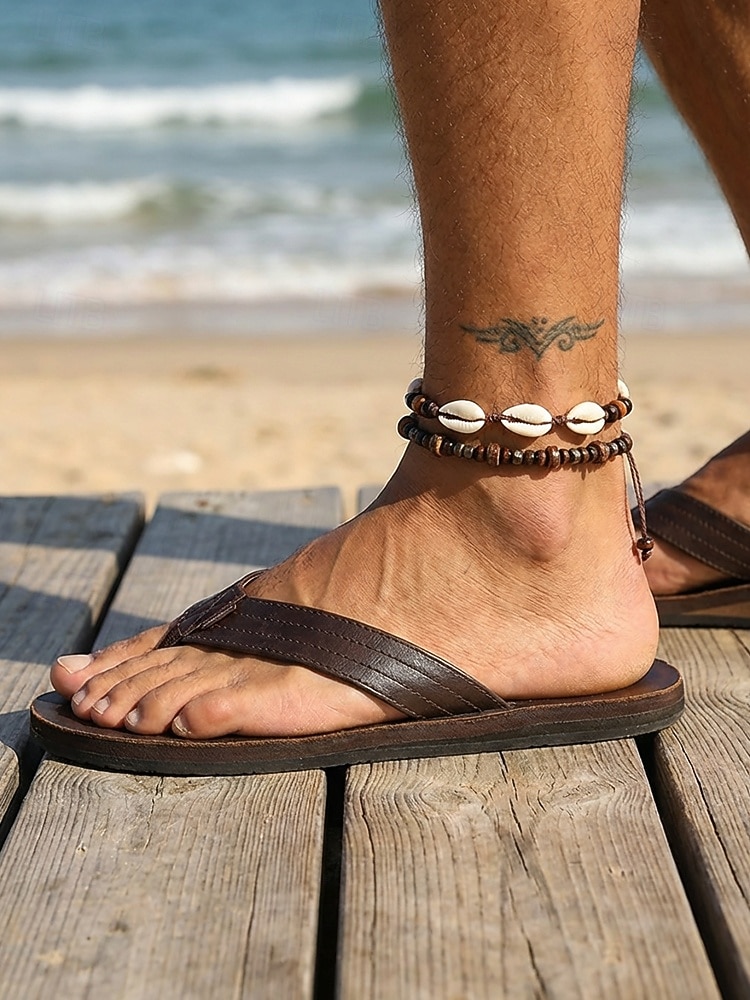 Pánská sada bohémských náramků na kotník z mušlí cowrie a dřevěných korálků, 2 ks ručně vyráběných kmenových nastavitelných šperků na nohy pro letní dovolenou u pláže a každodenní nošení. 2026 - $7.99 –P4