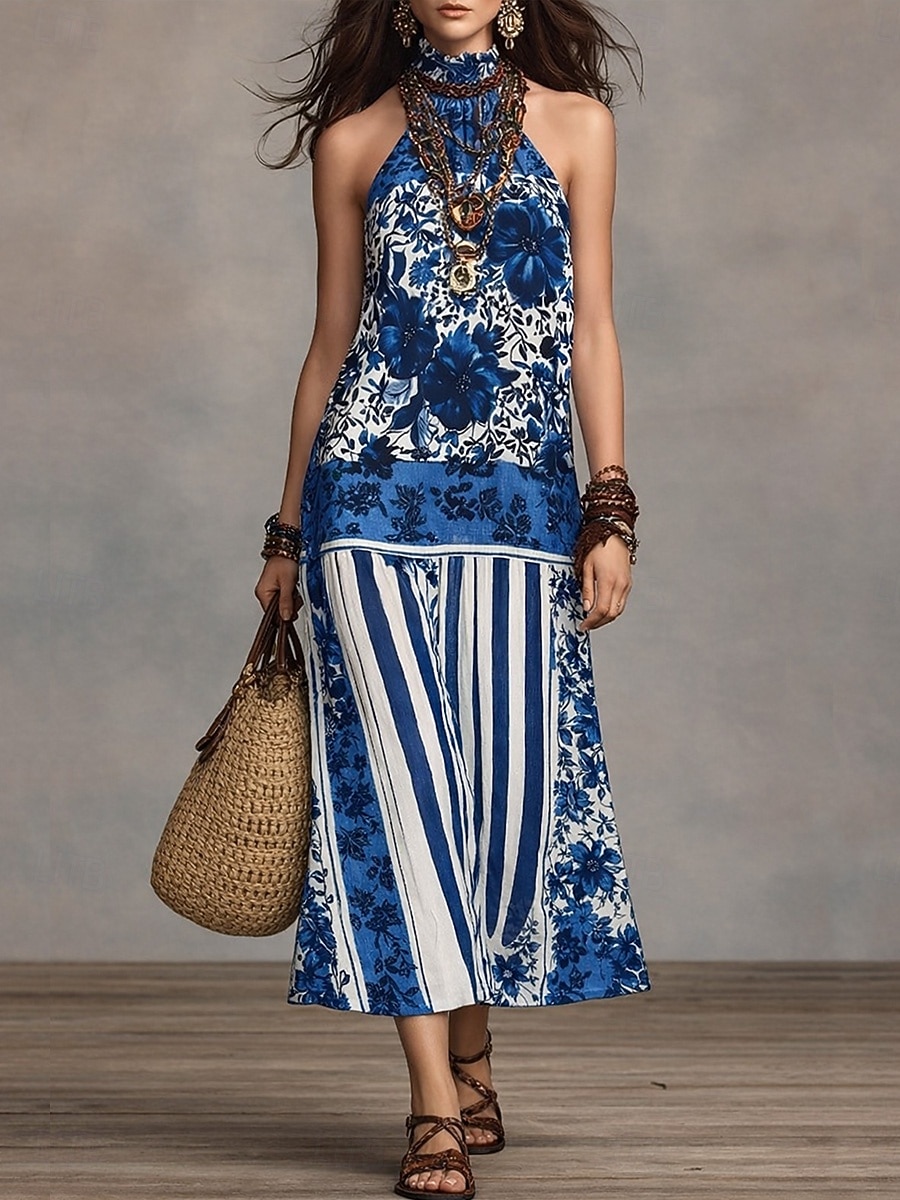 Women's Maxi Dress Casual Dress Chiffon Dress Swing Dress Boho Chic Dresses Bohemia Vacation Tropical Beach Holiday Date Regular Fit Floral Sleeveless Halter Neck Blue Navy Blue Fuchsia Summer Spring 2026 - $39.99 –P1