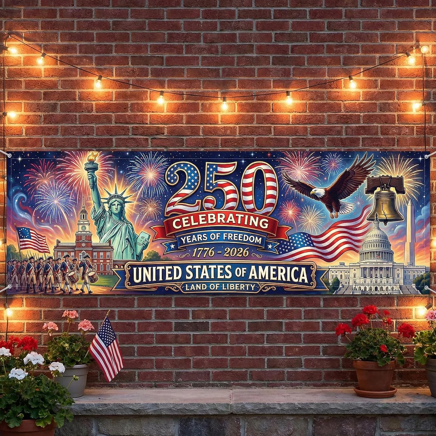 Banner ter ere van het 250-jarig jubileum van de VS: 250 jaar vrijheid. Een banner die de geschiedenis van de VS viert, met het Vrijheidsbeeld, de adelaar en vuurwerk. Perfect voor patriottische festiviteiten. 2026 - $21.99 –P4