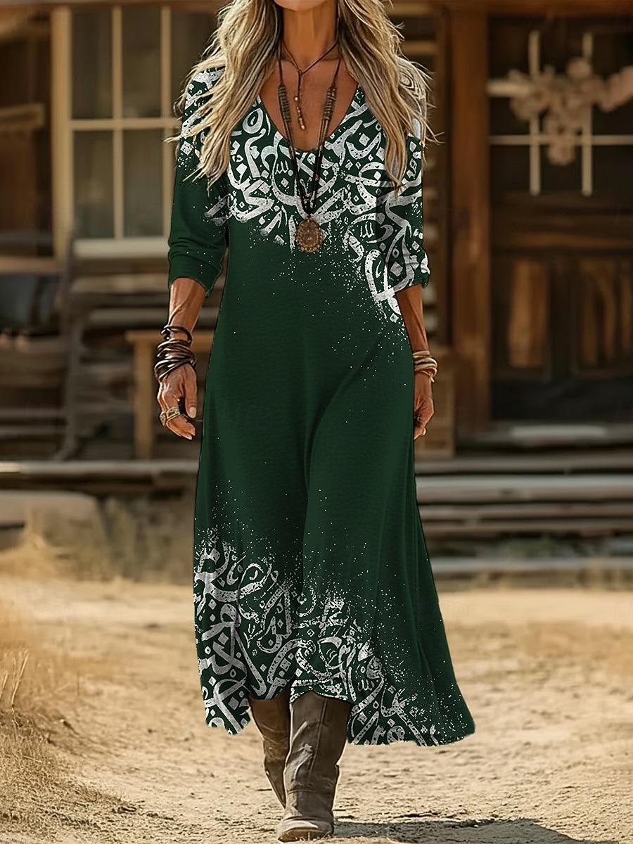 Dam Maxiklänning Boho-klänning Vintage klänning Vardagsklänning Vintage Dagligen Utomhus Semester Lös passning Blommig Långärmad V-hals Blå Marinblå Purpur Grön Vår Höst 2026 - $16.99 –P10