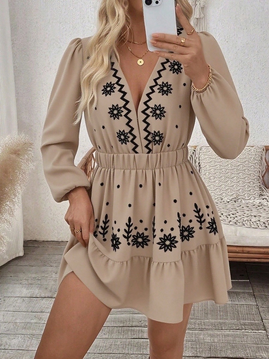 Damen Minikleid Boho-Kleid Freizeitkleid Elegant Mode Modern Outdoor Urlaub Ausgehen Normale Passform Blumen Langarm V Ausschnitt Schwarz Wein Rote Grün Sommer Frühling 2026 - $43.99 –P9