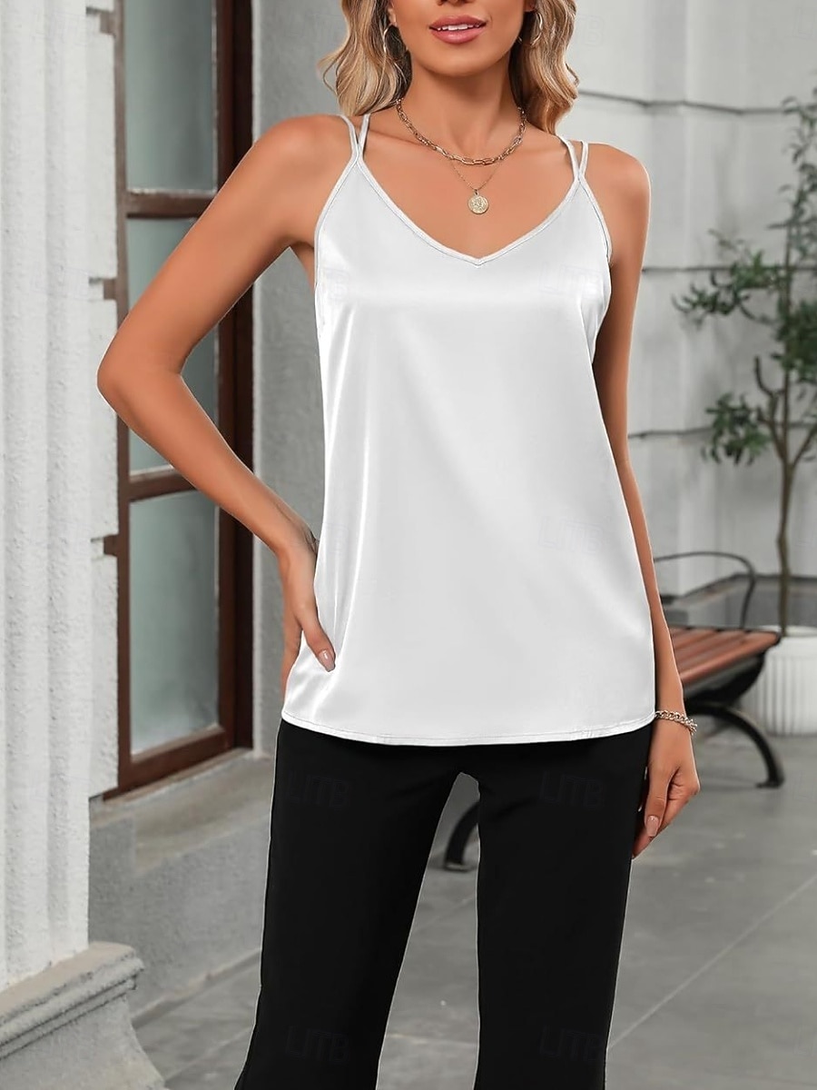 Dames Singlet Mouwloos shirt T-shirt Effen Kleur Modieus Klassiek Casual Mouwloos V-hals Normale tops Dagelijks Uitgaan Weekend Zwart Wit Zomer Lente 2026 - $21.99 –P8