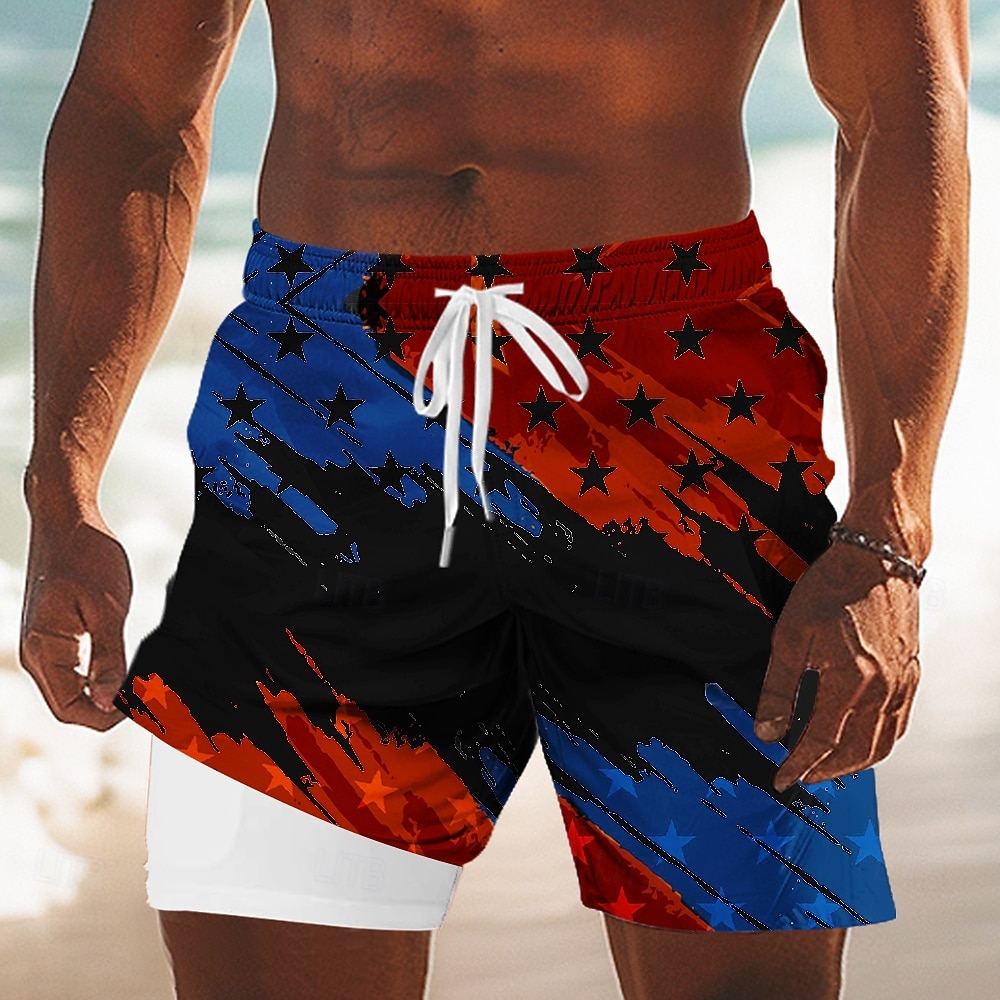 Муж. 4 июля — 250-летие США Флаг США Шорты с подкладкой Плавки 2 в 1 Купальные шорты Нормальная Патриот Праздники Боковые карманы С компрессионным вкладышем Эластичный шнурок на талии Дизайнер Одежда 2026 - $22.99 –P4