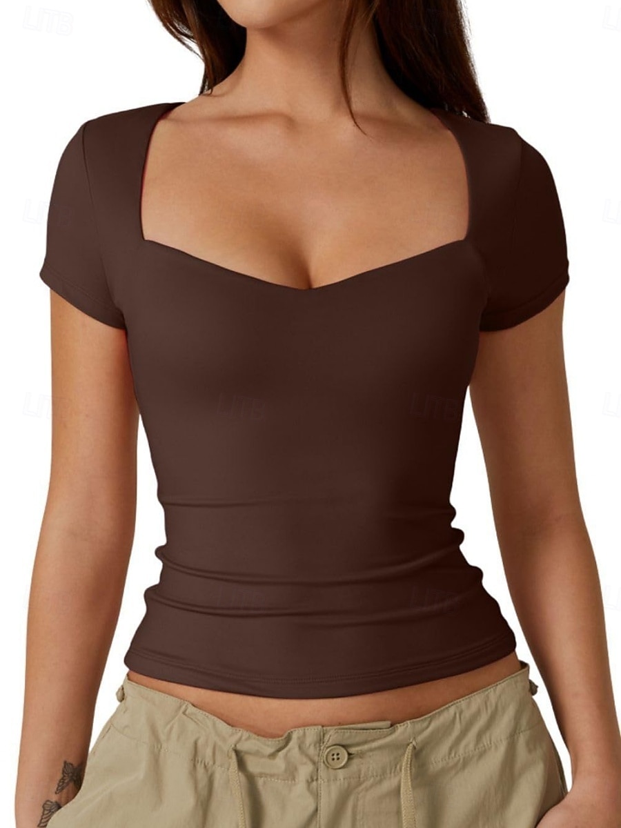 Women's T Shirt Tee Top Solid Color Stylish Basic Classic Short Sleeve V Neck Regular Tops Daily Going out Weekend Black White Wine Brown Dark Gray Summer Spring 2026 - $12.99 –P11