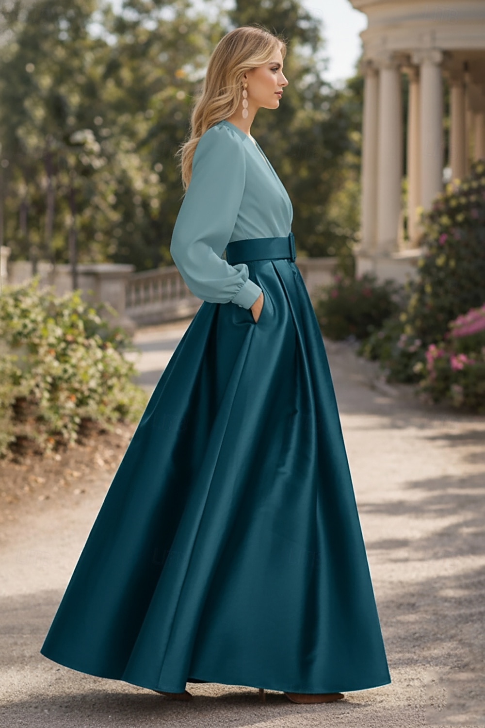 A-Line Floor Length Evening Gown High Split Mother Of The Bride Long Sleeve V Neck Formal Wedding Guest Belt / Sash Satin with Pleats Slit 2026 - $172.99 –P8