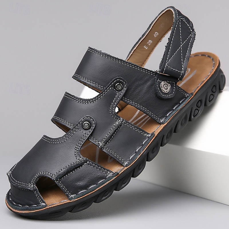Sandalias de cuero negras con correa ajustable para hombre: transpirables, ligeras, cómodas para exteriores y uso informal de verano. 2026 - $46.99 –P1