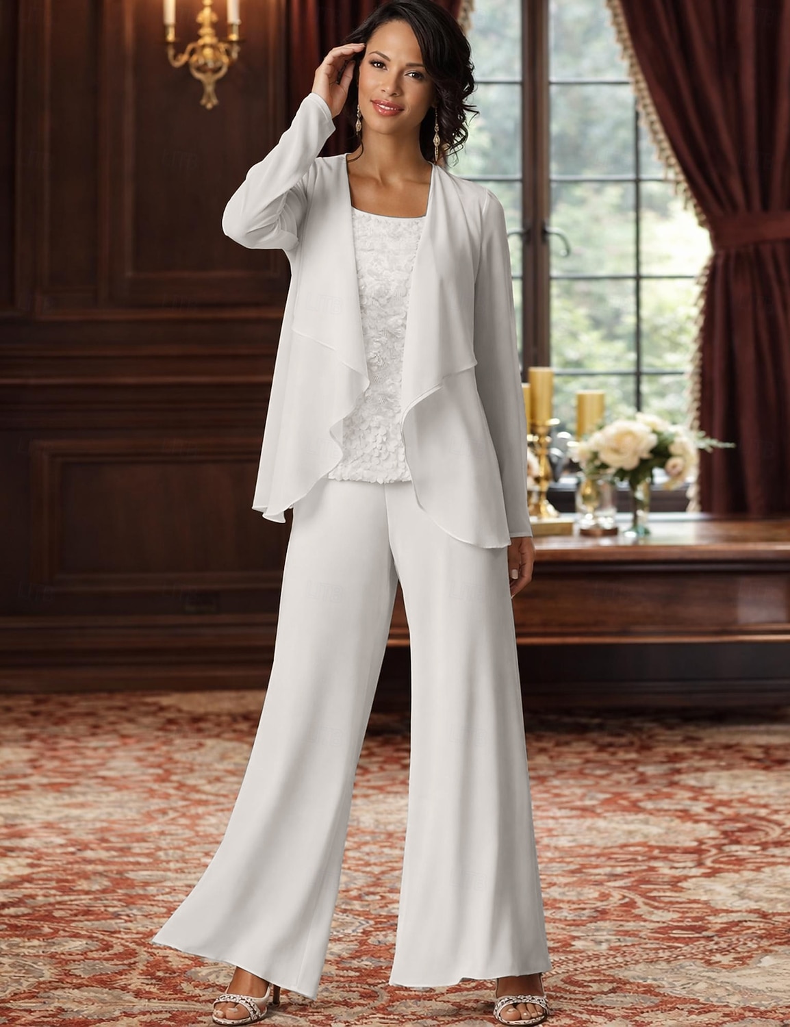 Traje de pantalón Traje de 3 piezas Hasta el Suelo Vestido de Madrina Sin Mangas Barco de cuello Elegante Talla Grande Bolero incluido Formal Invitado a la boda Gasa con Encaje 2026 - $126.99 –P5