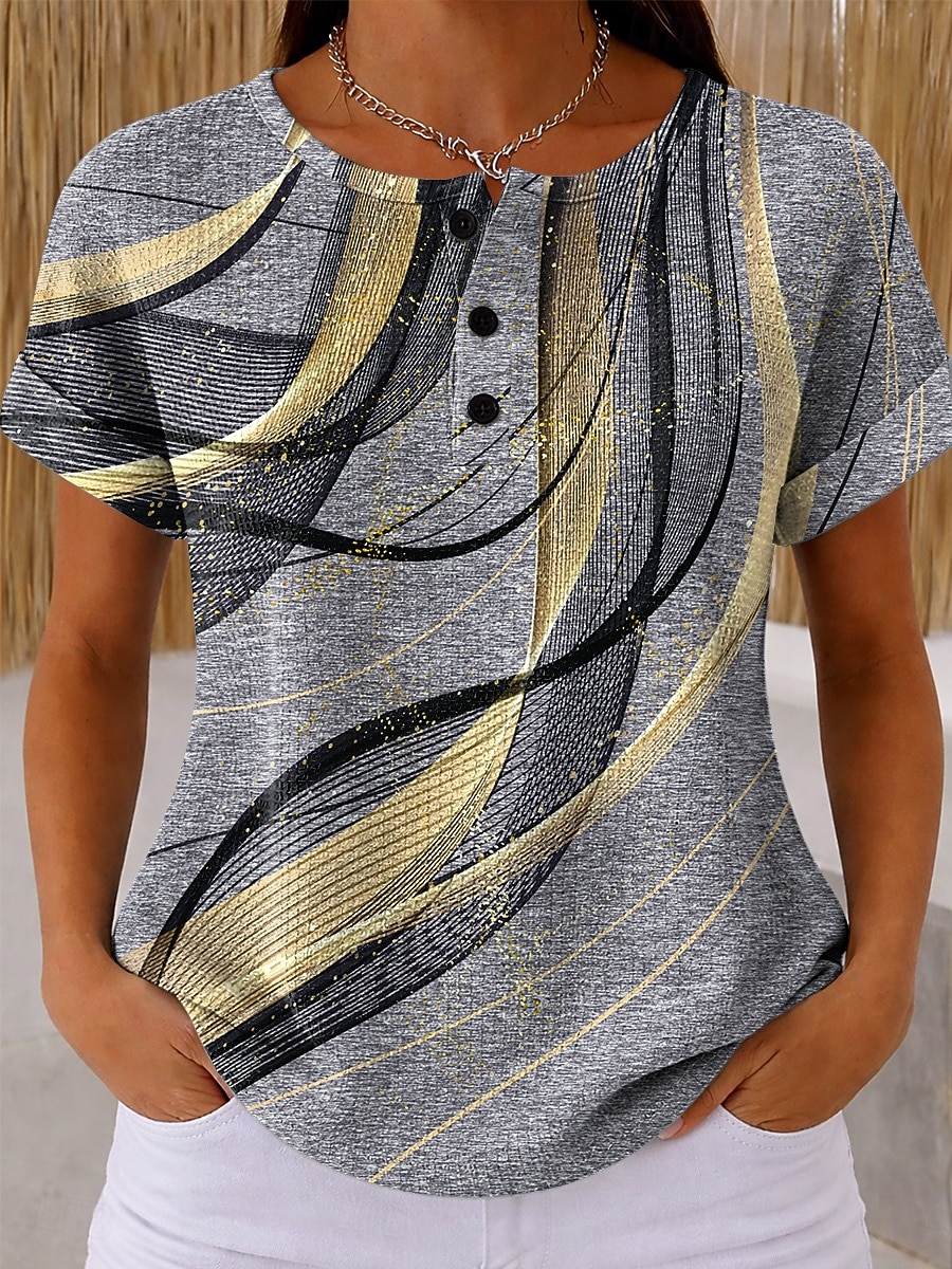 Dámské Waffle T-shirt s potiskem grafiky geometrické vintage stylové klasické krátký rukáv kulatý výstřih pravidelné topy denní černá a bílá černá bílá žlutá červená léto jaro 2026 - $21.99 –P11