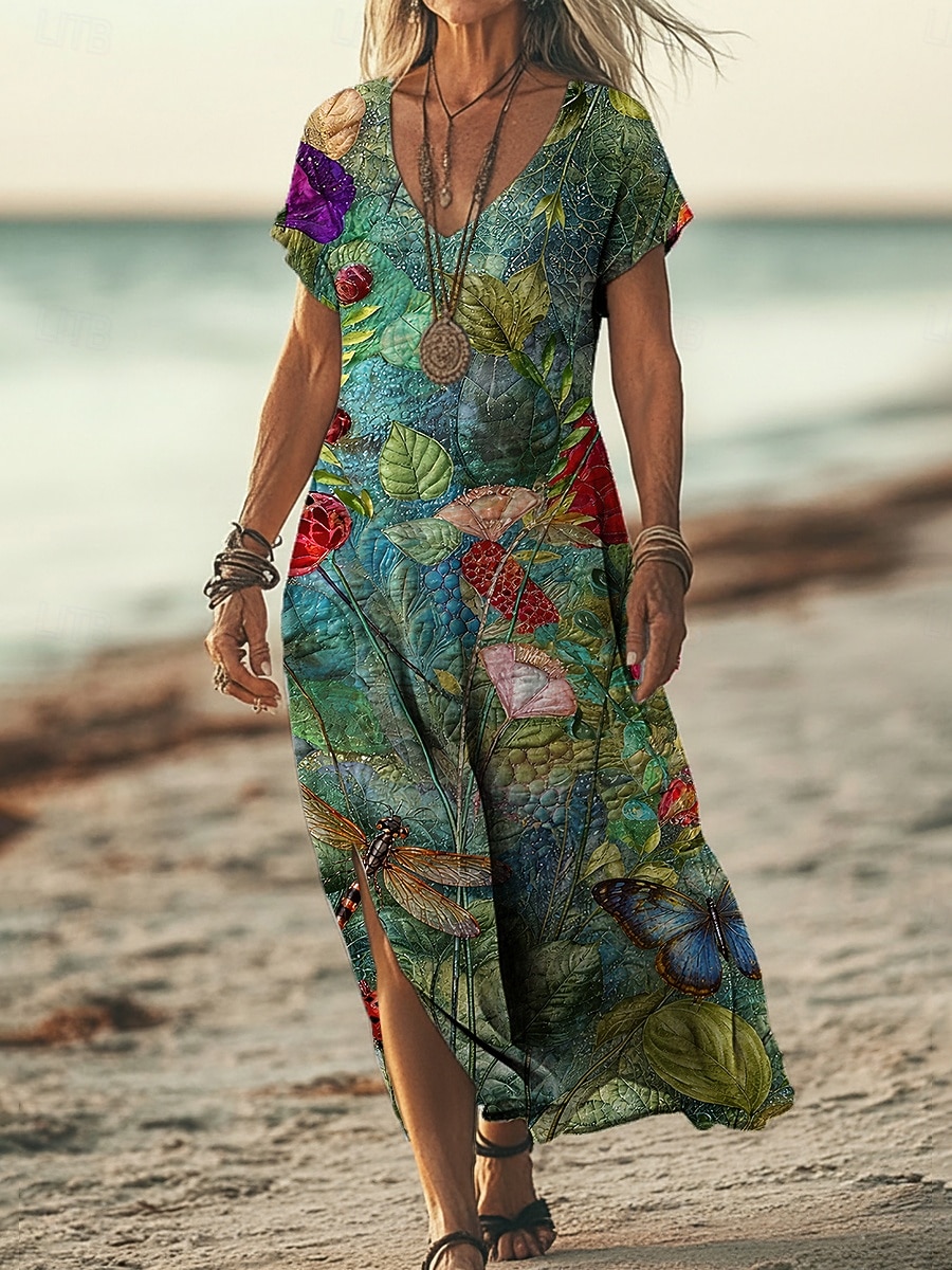 Women's Maxi long Dress Casual Dress A Line Dress Print Dress Fashion Modern Outdoor Beach Vacation Regular Fit Floral Graphic Leaf Short Sleeve V Neck Green Summer Spring 2026 - $25.99 –P1