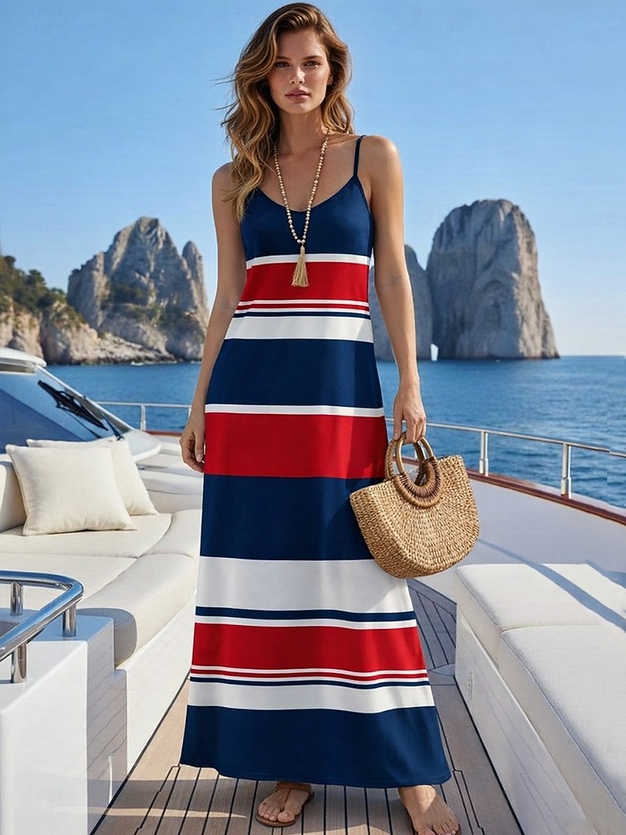 Dames Maxi-jurk Zonnejurk A lijn jurk Slipdress Vakantie Casual Strand Uitgaan Normale pasvorm Grafisch Geometrisch Mouwloos V-hals Marineblauw Zomer Lente 2026 - $36.99 –P1