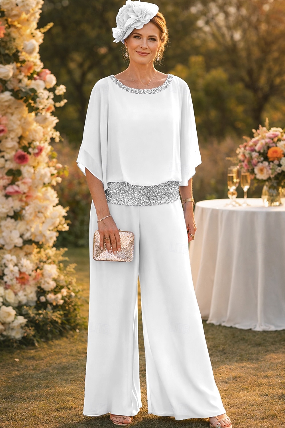 Tvådelad Byxor Golvlång Klänning till brudens mor Halvlång ärm Båthals Elegant Vintage Enkel Bröllopsgäst Helgdag Formell kväll Chiffong med Paljett 2026 - $76.99 –P8