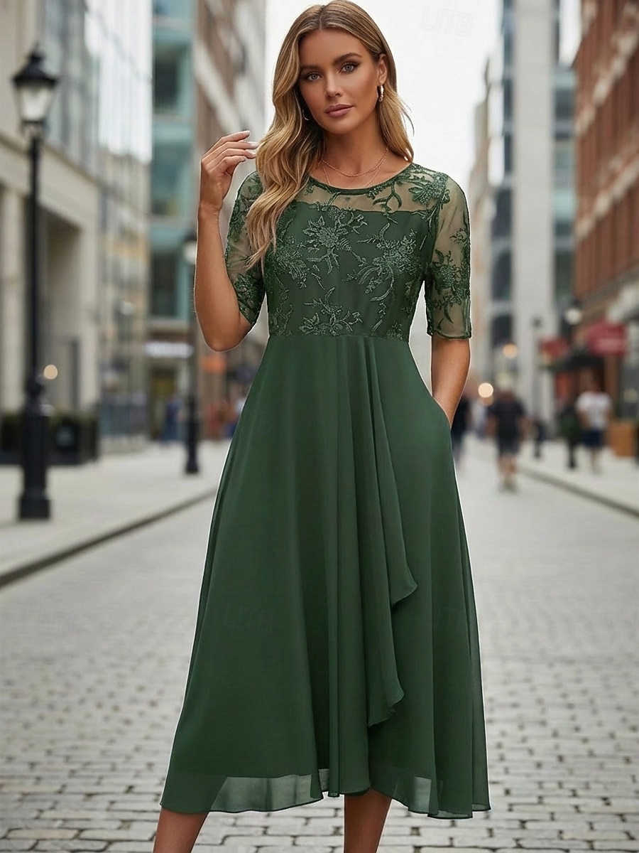 Dam Midiklänning Chiffongklänningar Spetsklänning Cocktail klänning Bröllopsgästklänning Elegant Formell Fest Bröllop Normal Halvlång ärm Rund hals Rodnande Rosa Guld Grön Mörkblå Sommar 2026 - $43.99 –P5