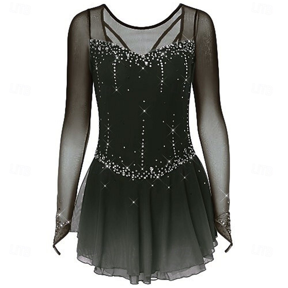 Figure Skating Dress Women's Ice Skating Dress Dark Pink Black White Patchwork Open Back Stretchy Training Competition Skating Wear Classic Crystal / Rhinestone Long Sleeve Ice Skating Figure Skating 2026 - $248.09 –P6