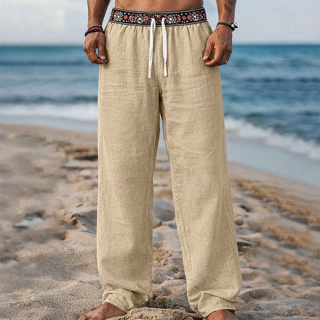 Męskie Lniane spodnie Spodnie Letnie spodnie Spodnie plażowe Ściągana na sznurek Niejednolita całość Elastyczny pas Geometryczny Komfort Oddychający Pełna długość Codzienny Święto Urlop Moda Zielony 2026 - $25.99 –P5
