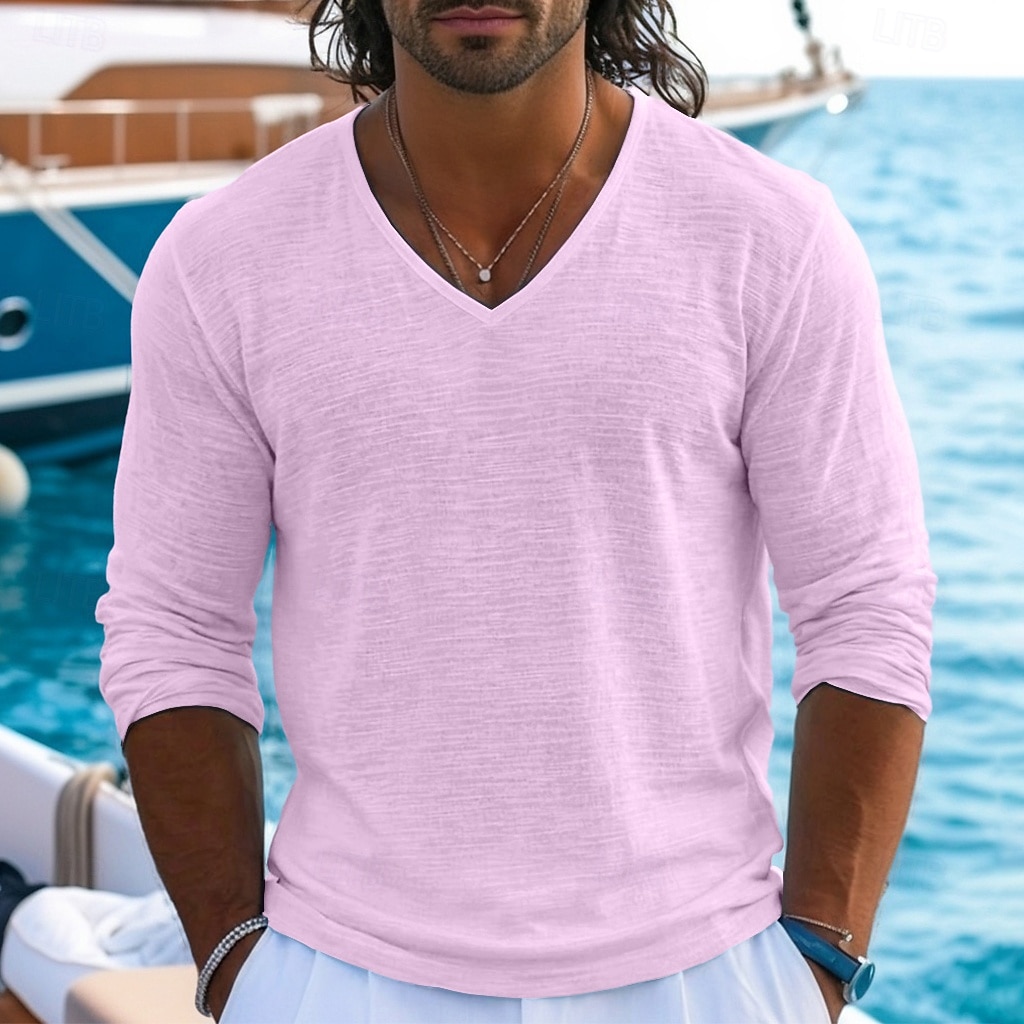 Муж. Футболка Футболка из льна Длинный рукав V-образный вырез Лето Весна Весна лето Сплошной цвет Полотняное плетение Текстура Повседневные На каждый день Уличный стиль Гладкая ткань 2026 - $20.99 –P11
