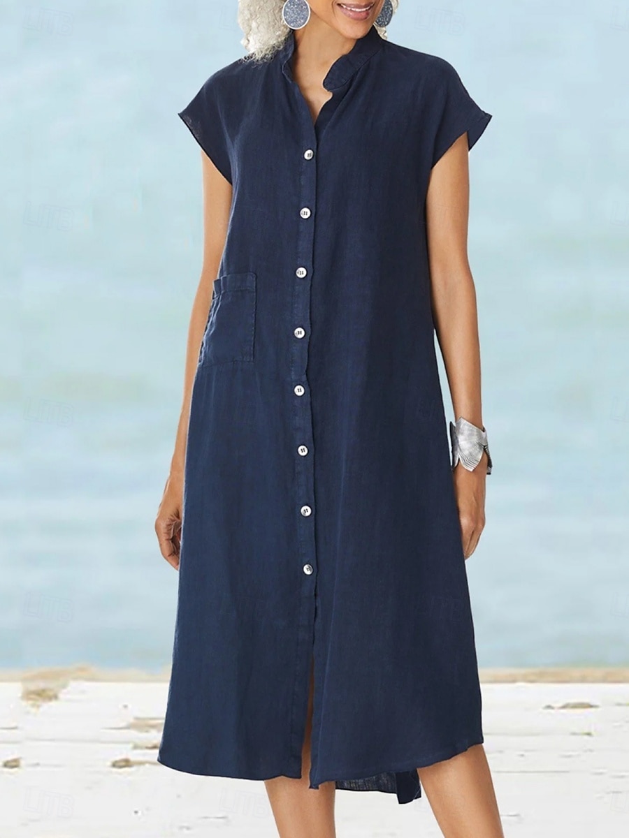 Femmes Robe Midi Robe fourreau Robe d'été Occasionnel Quotidien Coupe Ample Uni Manche Courte Col haut Vin bleu marine Gris Été de 2026 ? $33.99 –P2