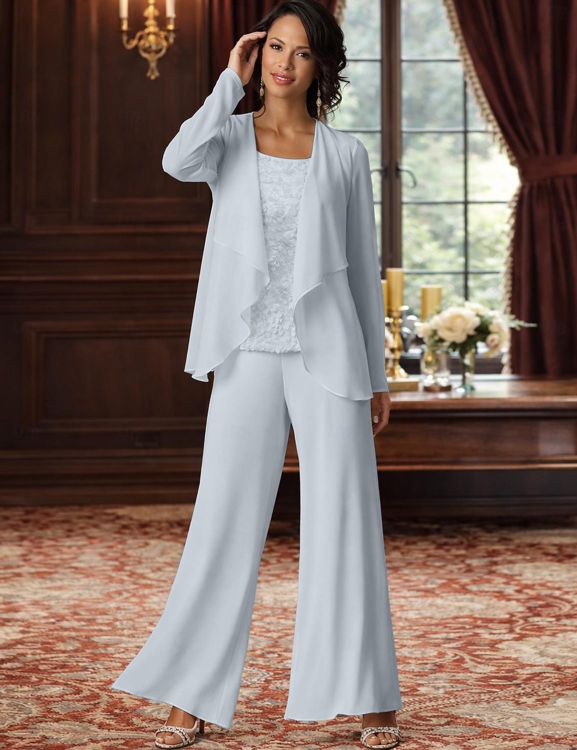 Traje de pantalón Traje de 3 piezas Hasta el Suelo Vestido de Madrina Sin Mangas Barco de cuello Elegante Talla Grande Bolero incluido Formal Invitado a la boda Gasa con Encaje 2026 - $126.99 –P10