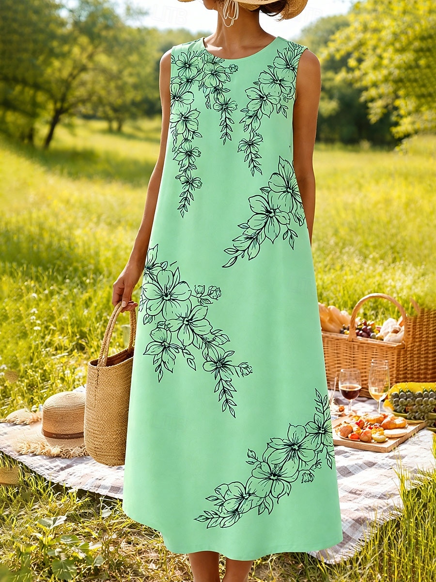 Women's Midi Dress Shift Dress Sundress A Line Dress Vacation Casual Boho Beach Party Regular Fit Floral Graphic Sleeveless Crew Neck Blue Yellow Pink Purple Summer Spring 2026 - $39.99 –P3